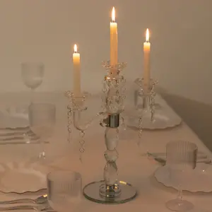 Crystal 3-Arm Candelabra Taper Candle Holder with Hanging Prisms & Round Mirror Base – Faceted Cut Glass Design - 14" Tall