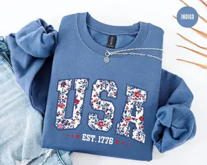 Floral USA Sweatshirt, American Girl Sweatshirt, USA Est 1776 Sweatshirt, Girly 4th of July Shirt, Patriotic Women Shirt, Flower USA Shirt