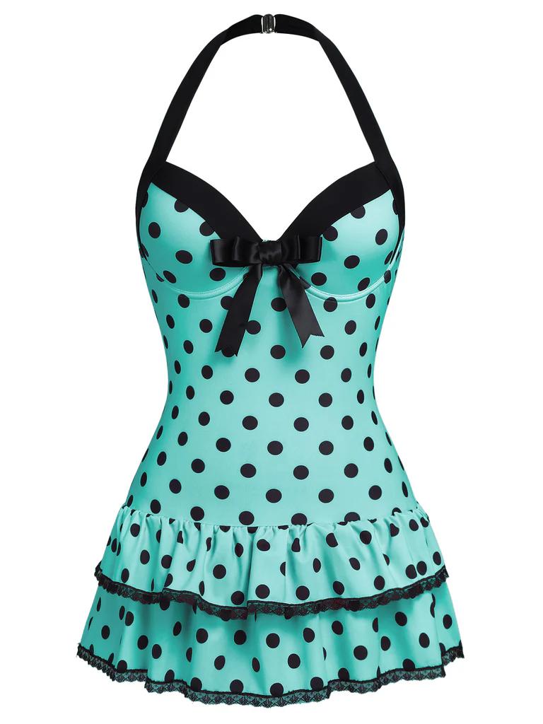 Blue 1940s Halter Polka Dots Bow One-Piece Swimsuit