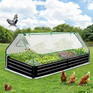 Garvee Raised Garden Bed with Cover, 8x4x1 Ft Outdoor Galvanized Metal Planter Box Kit with 2 Screen Windows, Mini Greenhouse for Vegetables and Flowers, Clear Top Cover