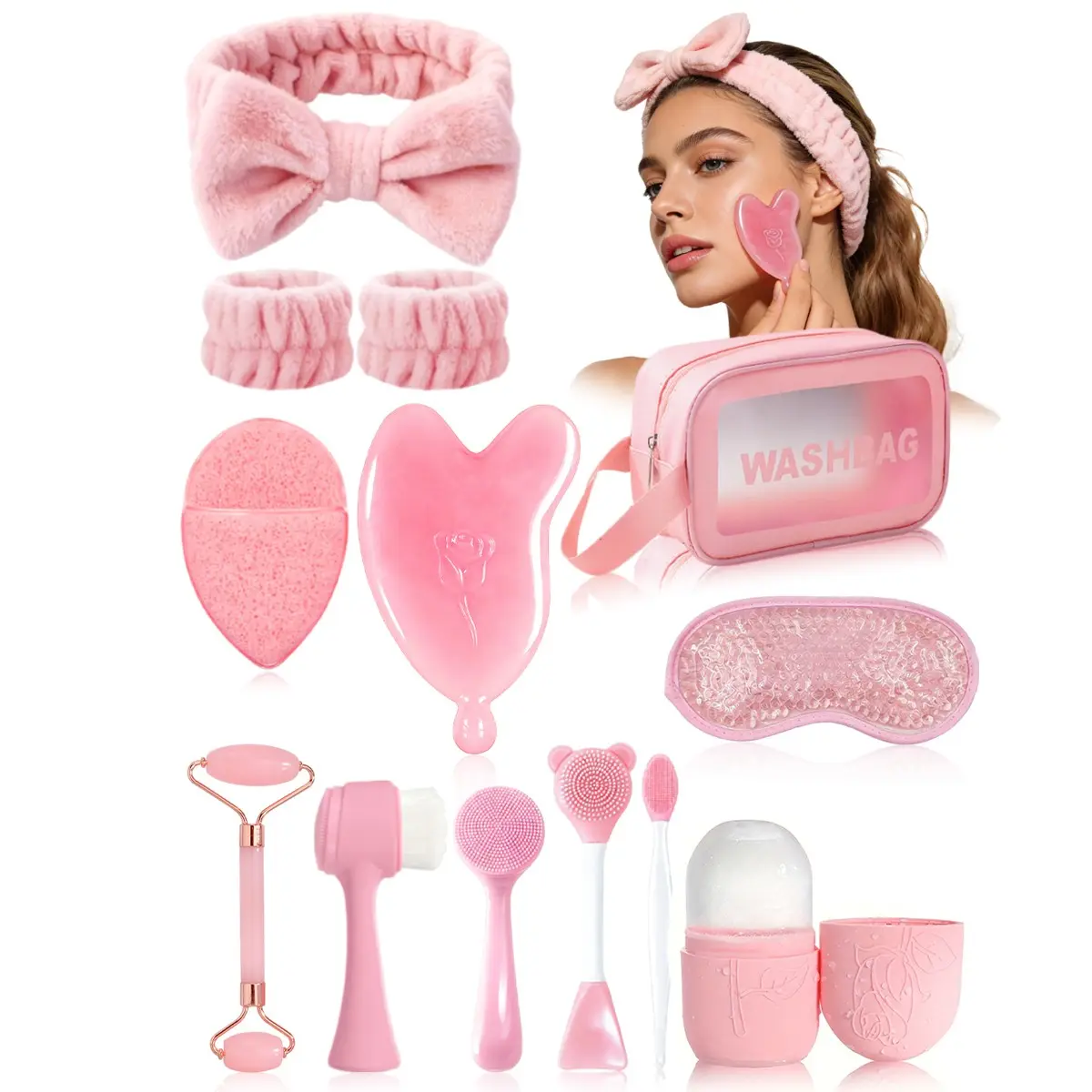 13pcs Facial Beauty Massage Set, Self Care Tools, Face Massager Roller, Face Lifting Roller, Ice Pack Tools, Eye Mask, Cleansing Brush, Sponge, Hair Tie, Wrist Strap, Storage Bag, Facial Beauty Massagers