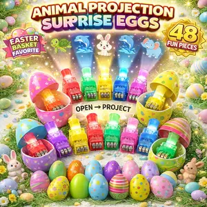 EFFUN 48PCS Easter Surprise Eggs with Animal Projection Toys 24 Eggs & 24 Projectors Kids Easter Basket Stuffers Party Favors Fun Animal Images Dinosaur Bunny Turtle Dolphin Elephant Monkey