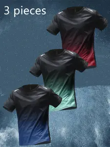 Men’s slim-fit short-sleeve T-shirts, 3-pack for spring/summer, gradient-color running sports tee—casual base layer suitable for outdoor cycling, hiking, fitness, and running.
