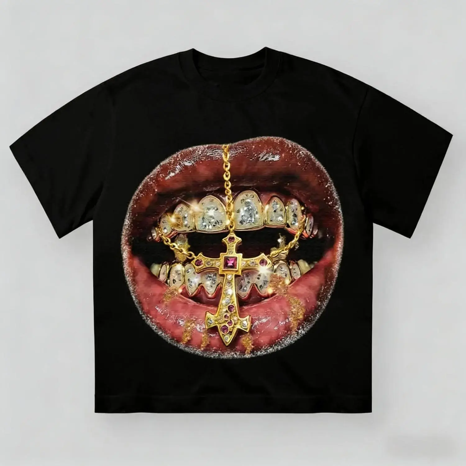 Premium Golden Cross Diamond Patch Grills Print Y2k Unisex Cotton Crewneck Short Sleeve Casual Streetwear Tee