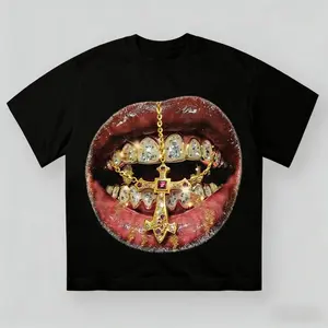 Premium Golden Cross Diamond Patch Grills Print Y2k Unisex Cotton Crewneck Short Sleeve Casual Streetwear Tee