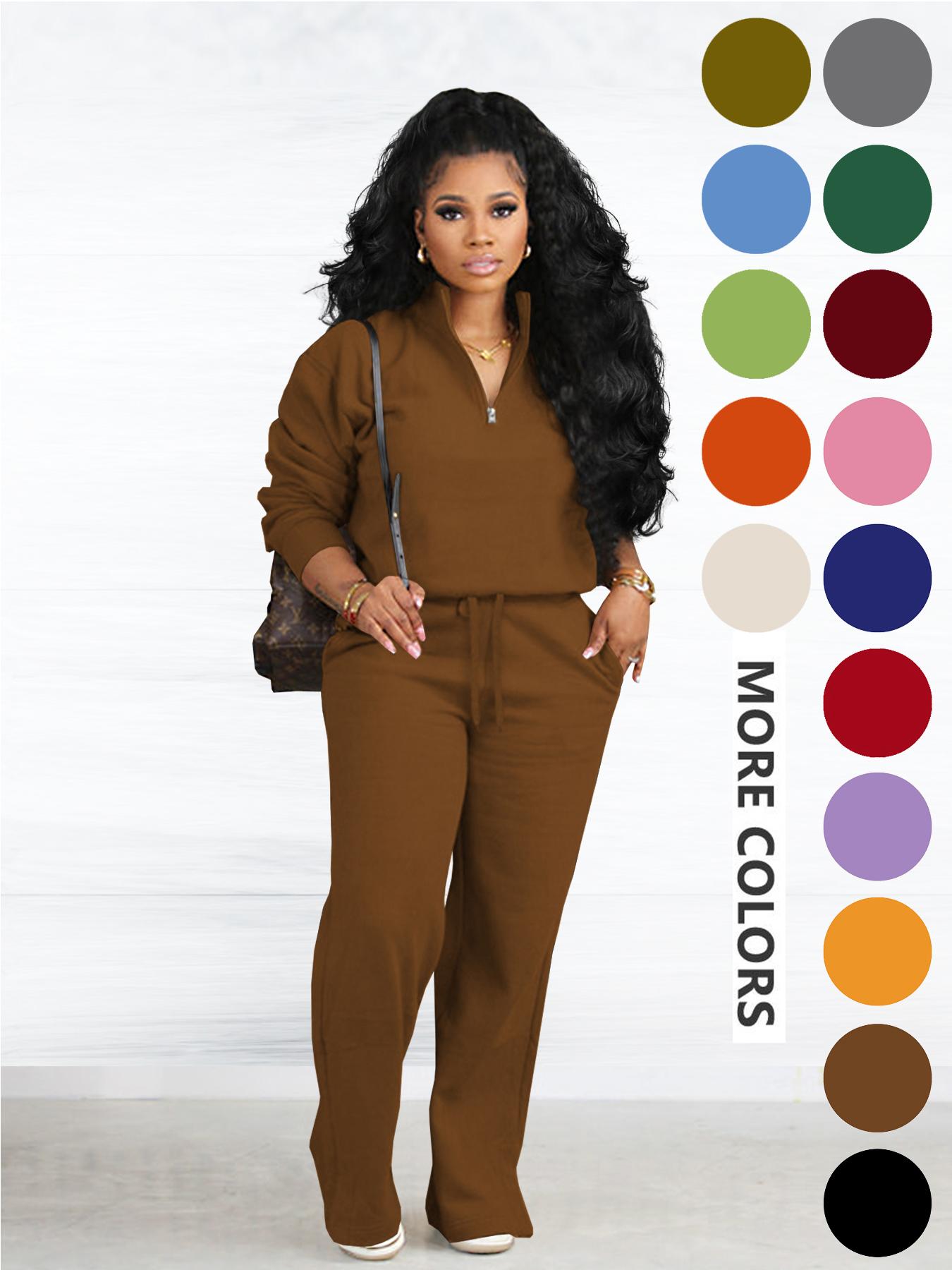 Women's Two-piece Set Solid Zip Up Funnel Neck Sweatshirt & Drawstring Waist Pants Casual Fall Winter Workout Sets Cozy Drop Shoulder Long Sleeve Top Pocket Trousers for Daily Outdoor Wear