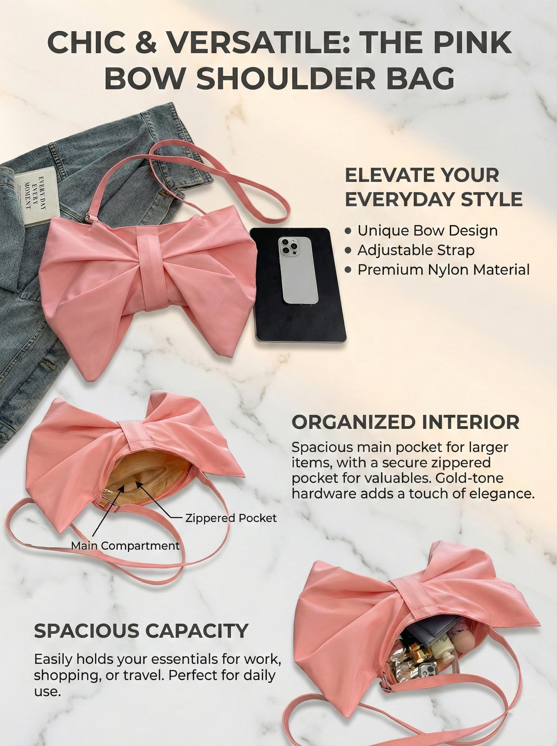 Bowknot Shoulder Bag For Women, Fashion Small Underarm Purse, Cute Casual Lightweight Fabric Handbag With Adjustable Strap