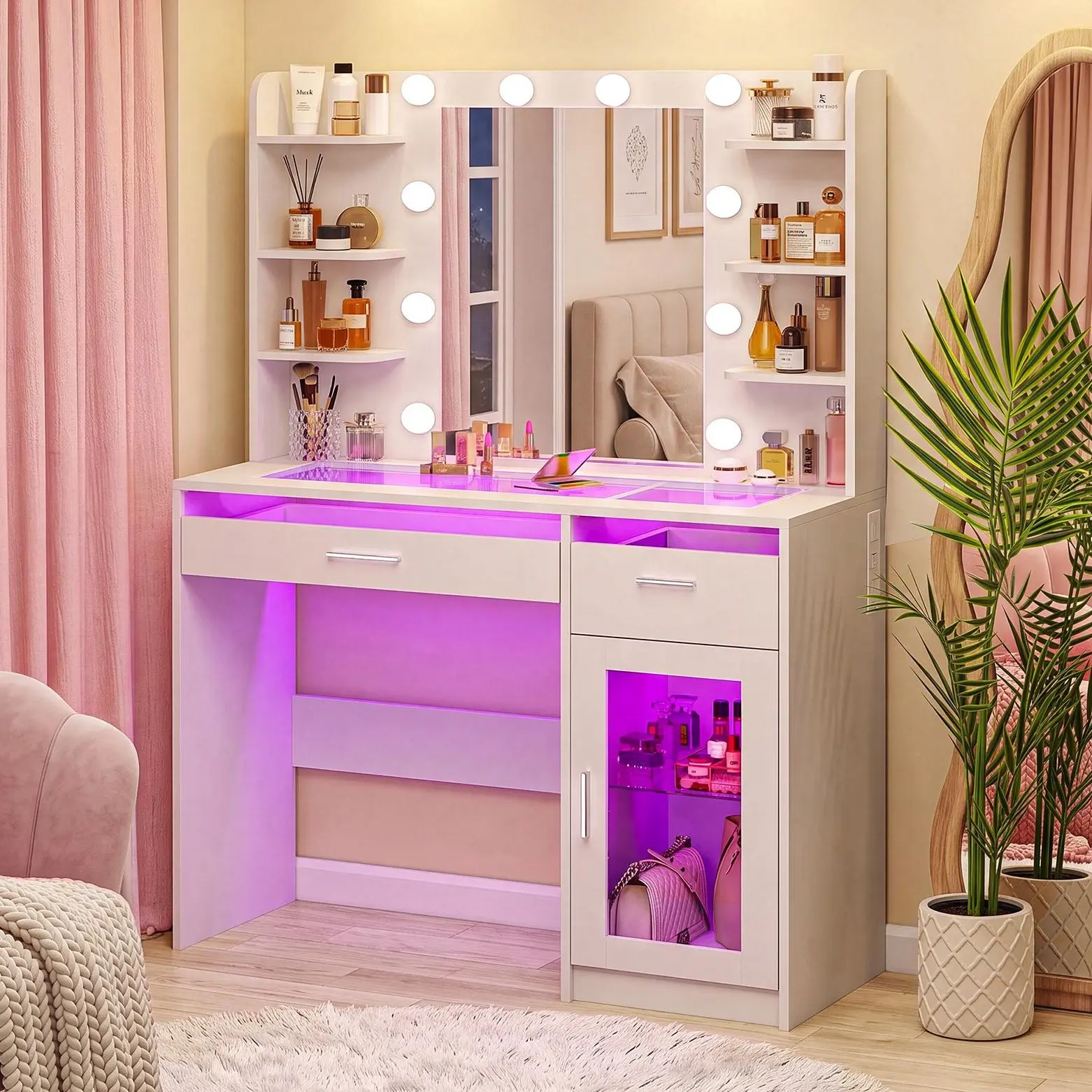 Vanity Desk with Mirror and Lights, Makeup Vanity Desk with Lights 3 Colors, Transparent Top Vanity with 2 RGB Drawers, 6 Shelves, Large Tempered Cabinet, Power Outlet, for Bedroom, White