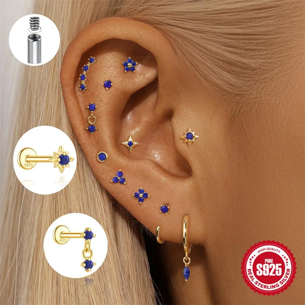 ROXI 925 Sterling Silver Blue Natural Lapis Lazuli Star/Flower/butterfly piercing Earring For Women 1Pic Healing Energy Jewelry