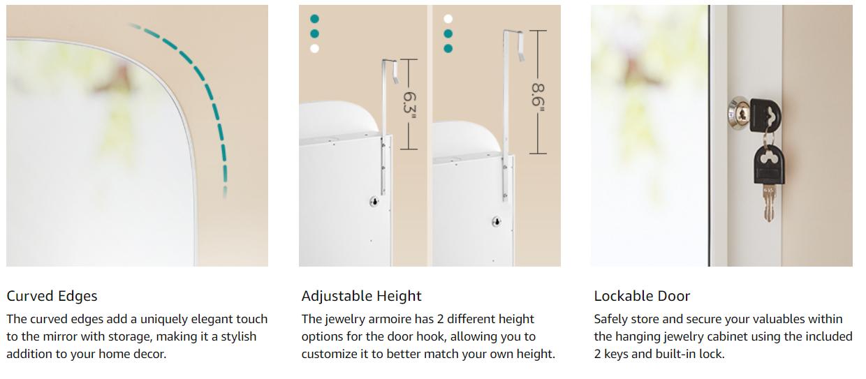 SONGMICS LED 360° Swivel Jewelry Cabinet Wall or Door Mounted, Lockable Rounded Wide Mirror with Storage, Interior Mirror Decor Design Furniture