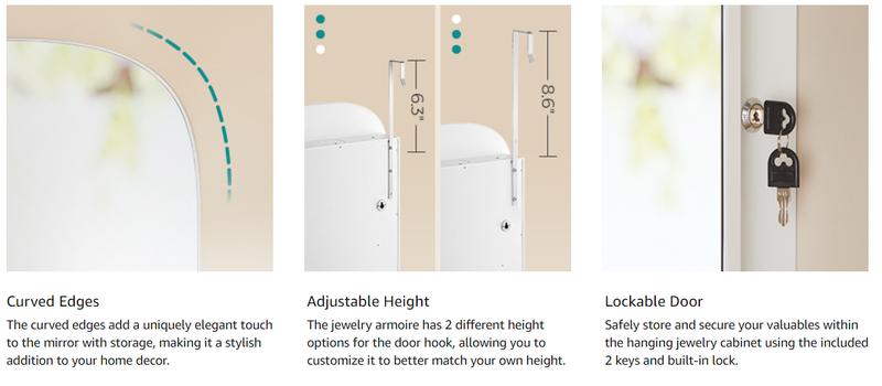 SONGMICS LED 360° Swivel Jewelry Cabinet Wall or Door Mounted, Lockable Rounded Wide Mirror with Storage, Interior Mirror Decor Design Furniture