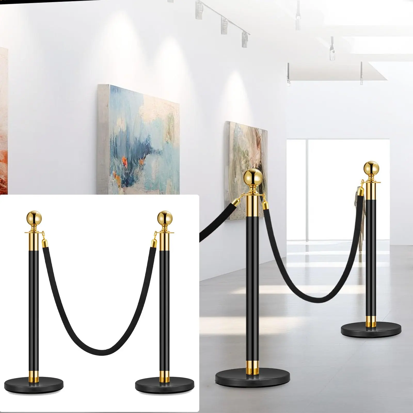 Garvee 2 Packs Black Stanchion Posts with Ropes-5Ft Black Stanchion Poles, Red Carpet Barrier & Crowd Control Posts for Wedding, Hotel, Exhibition,Heavy-Duty Metal Stanchion Set