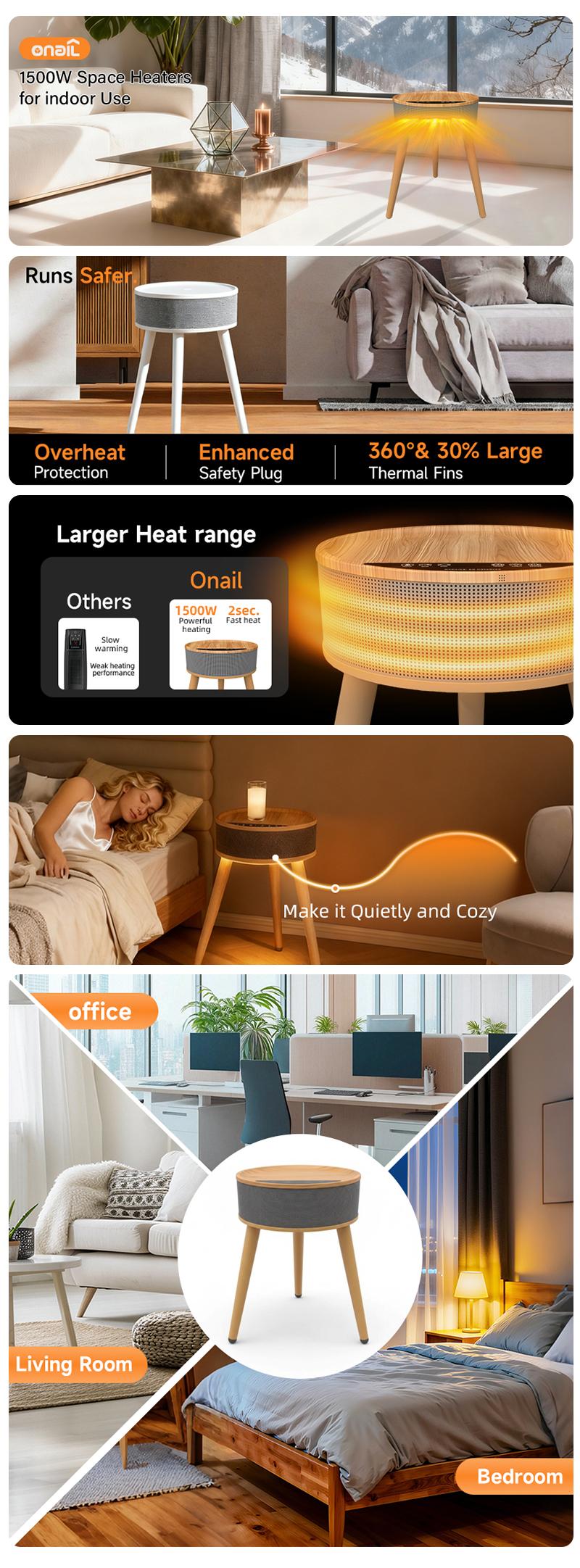 ONAIL Round Heater Table for Indoor Use 2-in-1 Side Table with Warm LED Light 1500W Fast Heating Adjustable Thermostat Wide-Angle Airflow Tip-Over Protection Remote Control ONAIL Round Heater Table for Indoor Use 2-in-1 Side Table with Warm LED Light 1500W Fast Heating Adjustable Thermostat Wide-Angle Airflow Tip-Over Protection Remote Control