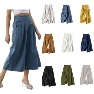 Yimoon Women' s Culottes Linen Blend Wide Leg Pants Elastic Waist Casual Palazzo Trousers with Pockets Capris