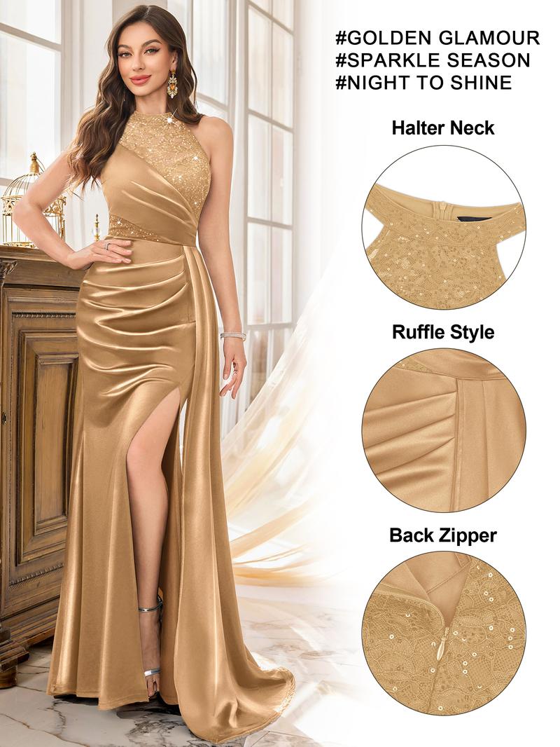 Miusol 55630A Women's Elegant Halter Sequin Lace Satin Maxi Dress with High Split Ruched Style for Evening Parties & Special Occasions Women's Formal Party Dress