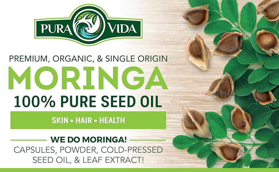 Pura Vida Moringa Oil Organic for Face, Hair, Nails and Dry Skin - USDA Certified Organic