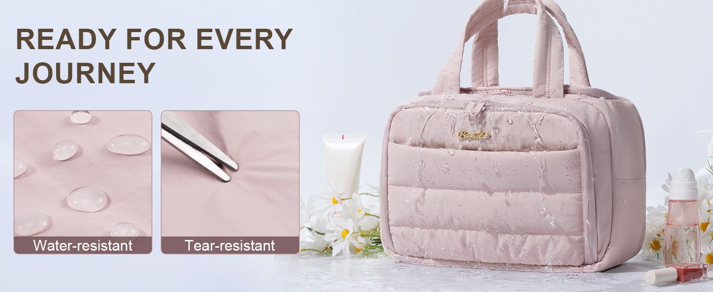 Bagstellar Wide-open Travel Bag, Lightweight Puffy Toiletry Bag for Women, Quilted Makeup Bag Organizer Water-resistant Cosmetic Bag with Handle for Toiletries, Essentials, Accessories