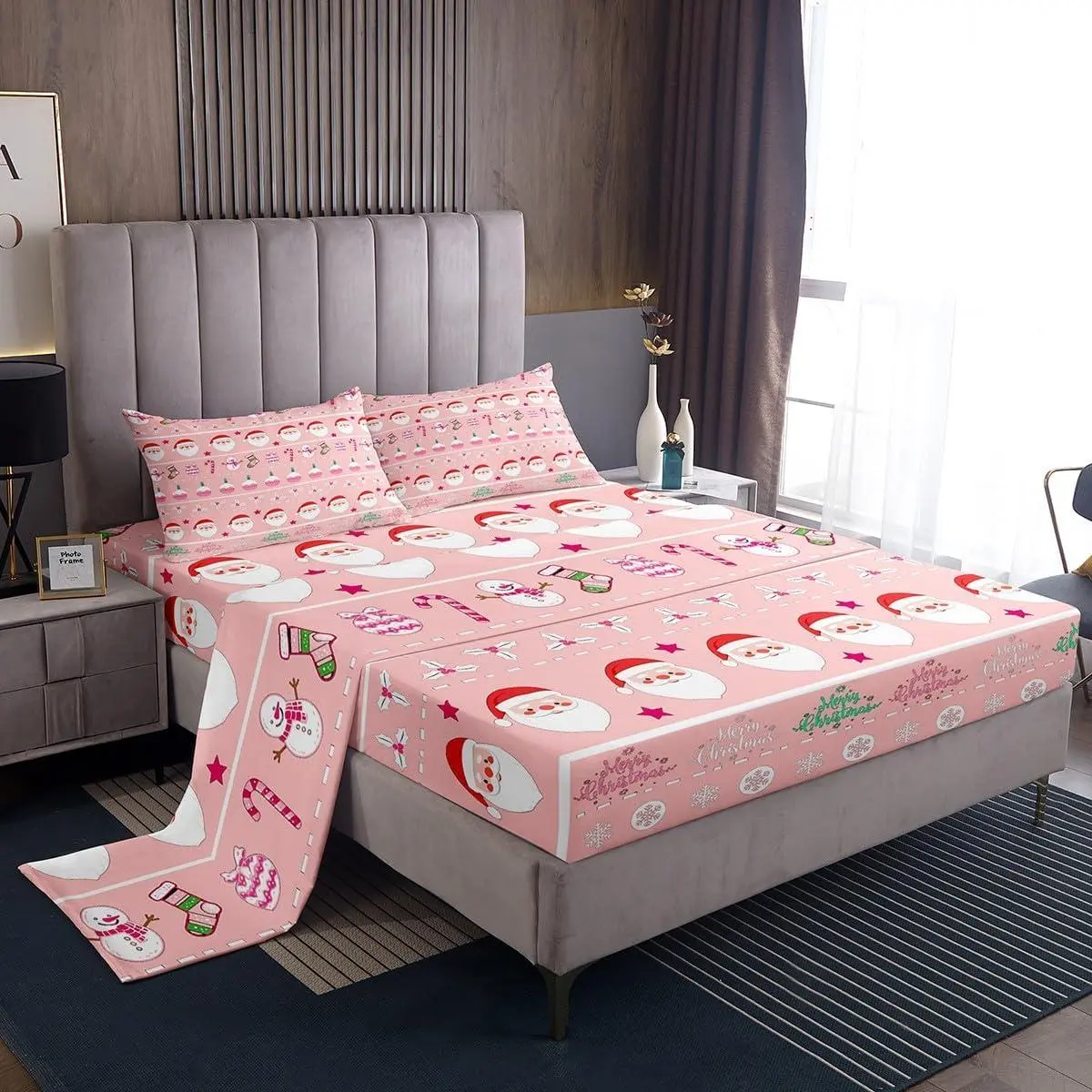 Merry Christmas Decorative Pink Bed Sheets Sets Xmas Cartoon Santa Claus Snowmen Fitted Sheet Deep Pockets Winter New Year Bedding Set Gifts for Kids Boys Girls