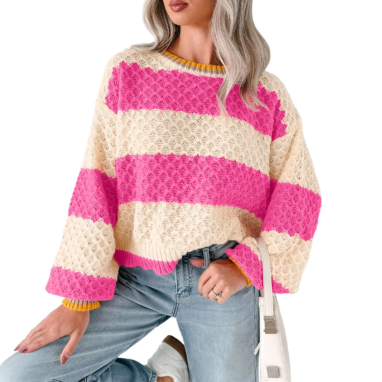 Asvivid Women Color-Blocked Knit Sweater Crew Neck Textured Tops Pullover Long Sleeve Sweater Casual Loose Fit Knitwear Womenswear Everyday Style Pink Stripe Knitting