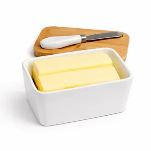 Ceramic Butter Dish with Bamboo Lid & Stainless Steel Butter Knife