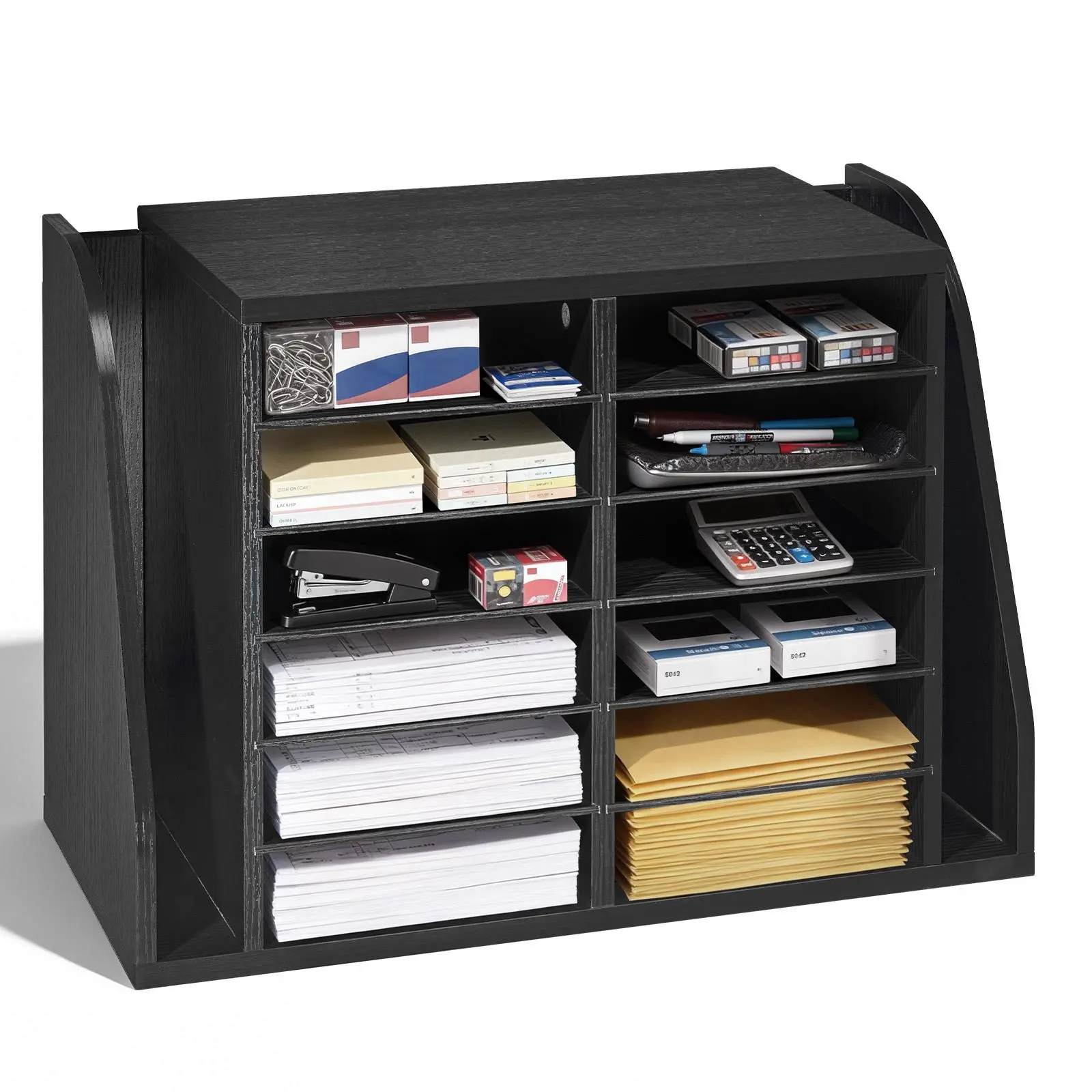 VEVOR 12-Compartment Rectangular MDF Wood Literature Organizer - Desk-Mounted File Rack, Built-In Side Storage, Stable Structure, Space-Saving Black Office Desk Mailbox for Home & Office, Desktop Shelf, Stable Mdf Structure