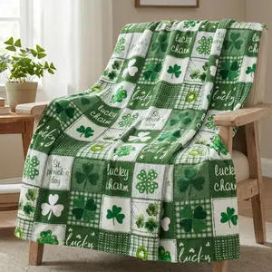 St. Patrick's Day Flannel Blanket Throw, Green Buffalo Plaid Shamrock Patchwork Soft Fuzzy Plush Cozy Fleece Blankets for Couch Sofa Bed Lounging, Ideal Gifts for Kids Adults Self
