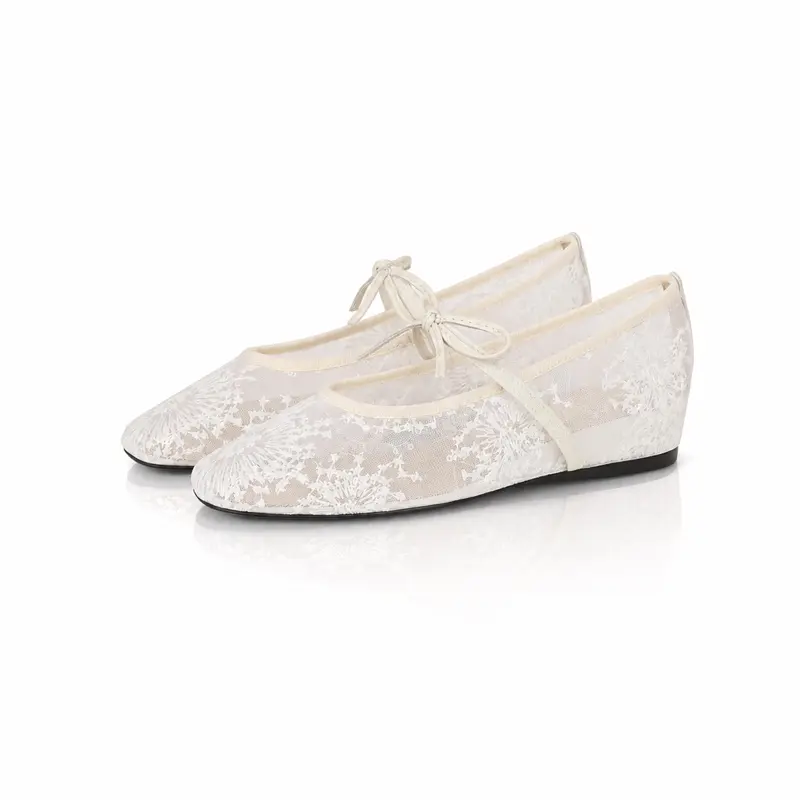 SHEII Dreamy Ballet ~ Square-Toe Lace Mesh Bow Lifted Mary Jane Shoes, Casual, Flat, Footwear, Women
