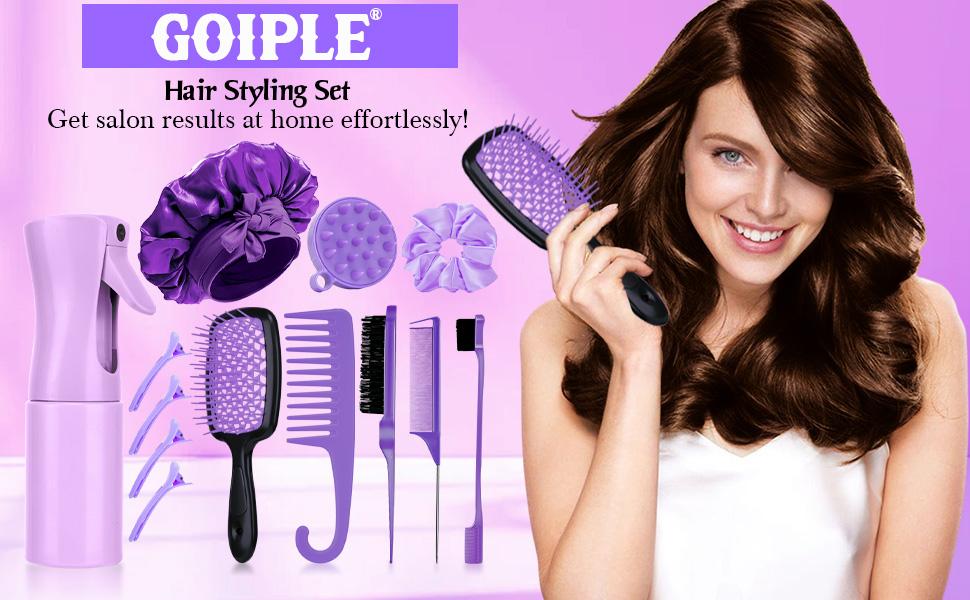Purple 6-in-1 Hair Brush Set with Detangler & Combs for Straight Curly All Hair Types Wet Dry Adults Children 13 Counts Hair Care Kit