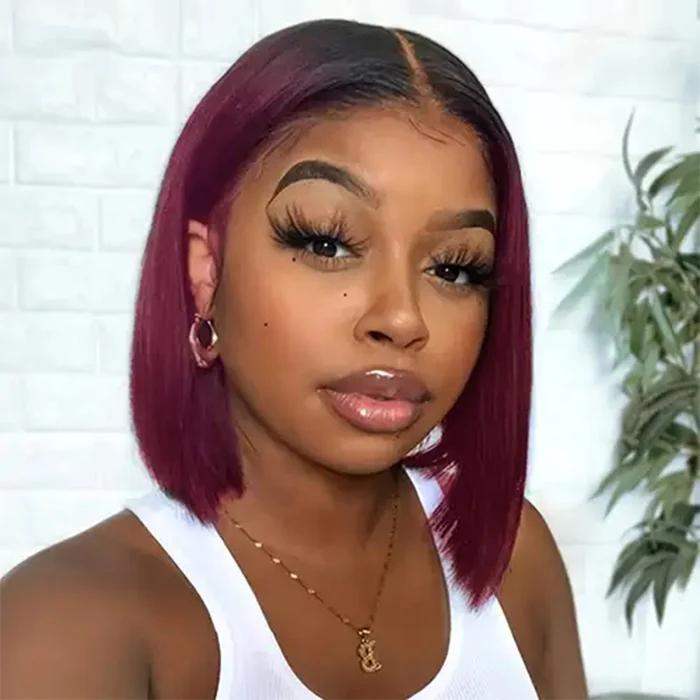 Pizazz Hair 1B/99J Burgundy Ombre Short Straight Bob Wigs Human Hair With Pre Plucked Hairline 220% Lace Frontal Human Hair Wigs