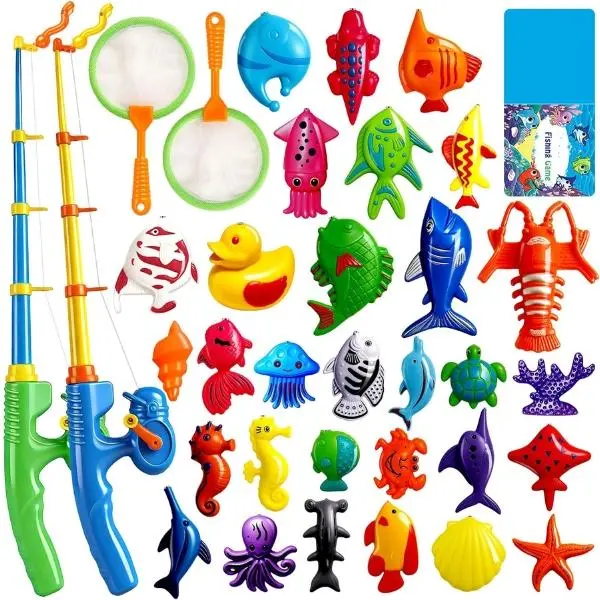 Kids' Magnetic Fishing Playset for Ages 3-8 - Outdoor Water Games Toy with Fishing Rod, Net, Floating Sea Animals, Learning Focus, Animals & Nature Theme, Motor Skills Development for Bath, Pool Activities