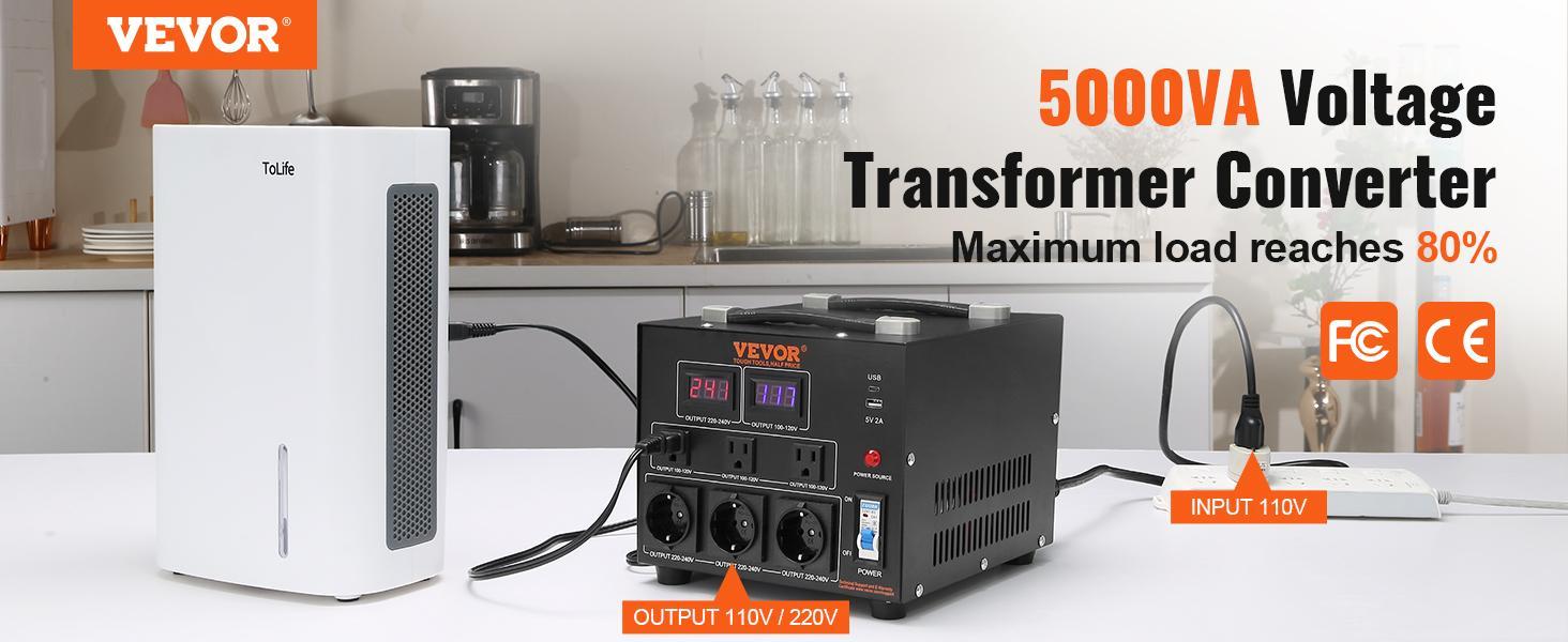 VEVOR Voltage Converter Transformer, TikTokShopBlackFriday, 5000W, Heavy Duty Step Up/Down Transformer, Convert from 110 Volt to 220 Volt and from 220 Volt to 110 Volt, with US Outlet EU Outlet 5V USB Port, CE Certified