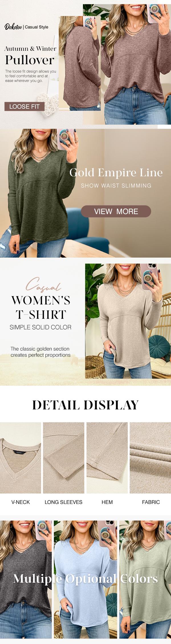 Dokotoo Women's Casual T Shirts Long Sleeve V Neck Ribbed Knit Tops Tee Shirts Dokotoo Women's Casual T Shirts Long Sleeve V Neck Ribbed Knit Tops Tee Shirts