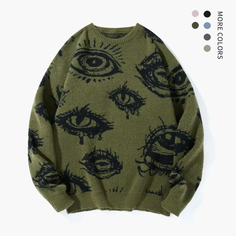 Men's Simple Detailed Full-Length Graphic Knit Pullover - Round Neck, Regular Fit Polyester Streetwear Clothing, Casual Fall & Winter Daily Wear, Stylish Eye Print Top for Classic Jeans, Ideal Mens Gifts (Grey)