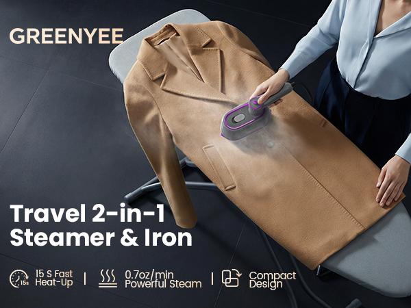 GREENYEE Travel Must-Have & Fits Carry-On |  Foldable  Iron | Powerful 2-in-1 Dry & Steam, 5s Fast Heat & 180° Rotatable