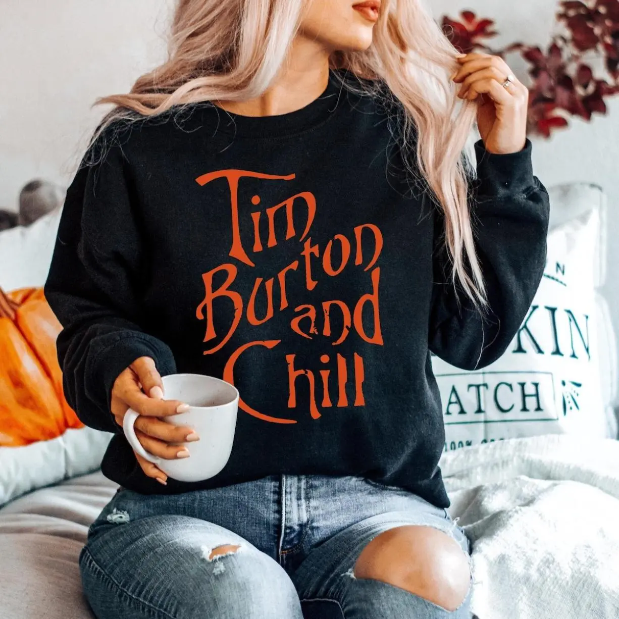 Tim Burton and Chill Sweatshirt, Horror Movie Halloween Sweatshirt for Women, Halloween Horror Sweater, Scary Halloween Shirt