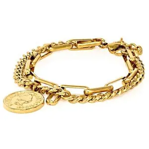 JTV Gold Tone Stainless Steel Paperclip-Curb Multi-Row Coin Bracelet
