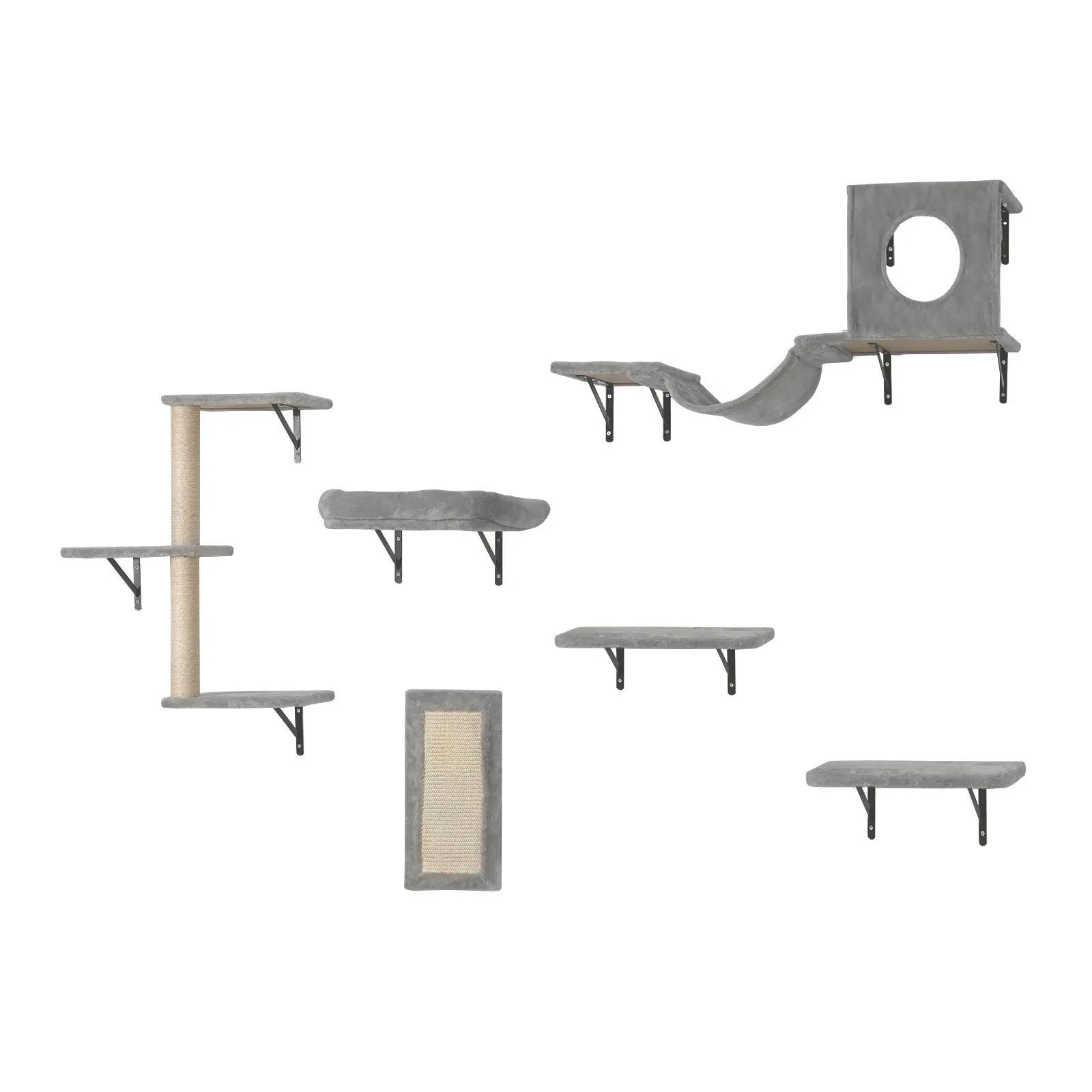 【SummerFinds】VEVOR Wall Mounted Cat Shelves,  , Cat Wall Shelves and Perches with Jumping Boards, Hammock, Sofa, Cat Tree & Cat Grip, Cat Furniture and Shelves up to 40 lbs for Sleeping, Playing, Climbing, Set of 6