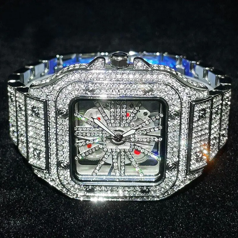 MaxBling81 Men's Luxurious Quartz Wristwatch - Iced Band, Simulated Diamond-Embellished, Silver Finish, Skeleton Dial, Square Bling Design, Removable Links, Analog Display, Masculine Iced Quartz Watch, Quartz Wristwatches, Iced Quartz Watches