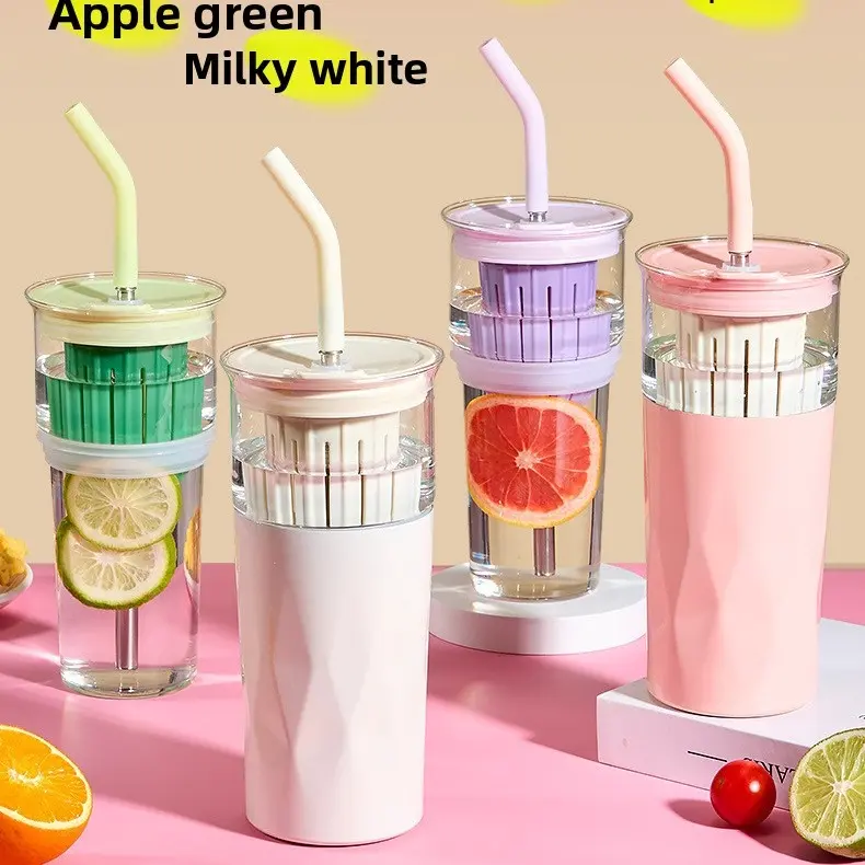 650ml Multi-Use Double Wall Insulated Glass Tumbler - Washable, Portable Reusable Water Bottle with Straw, Tea Infuser, Lid, Heat-Resistant High-End Car/Kitchen Drinkware