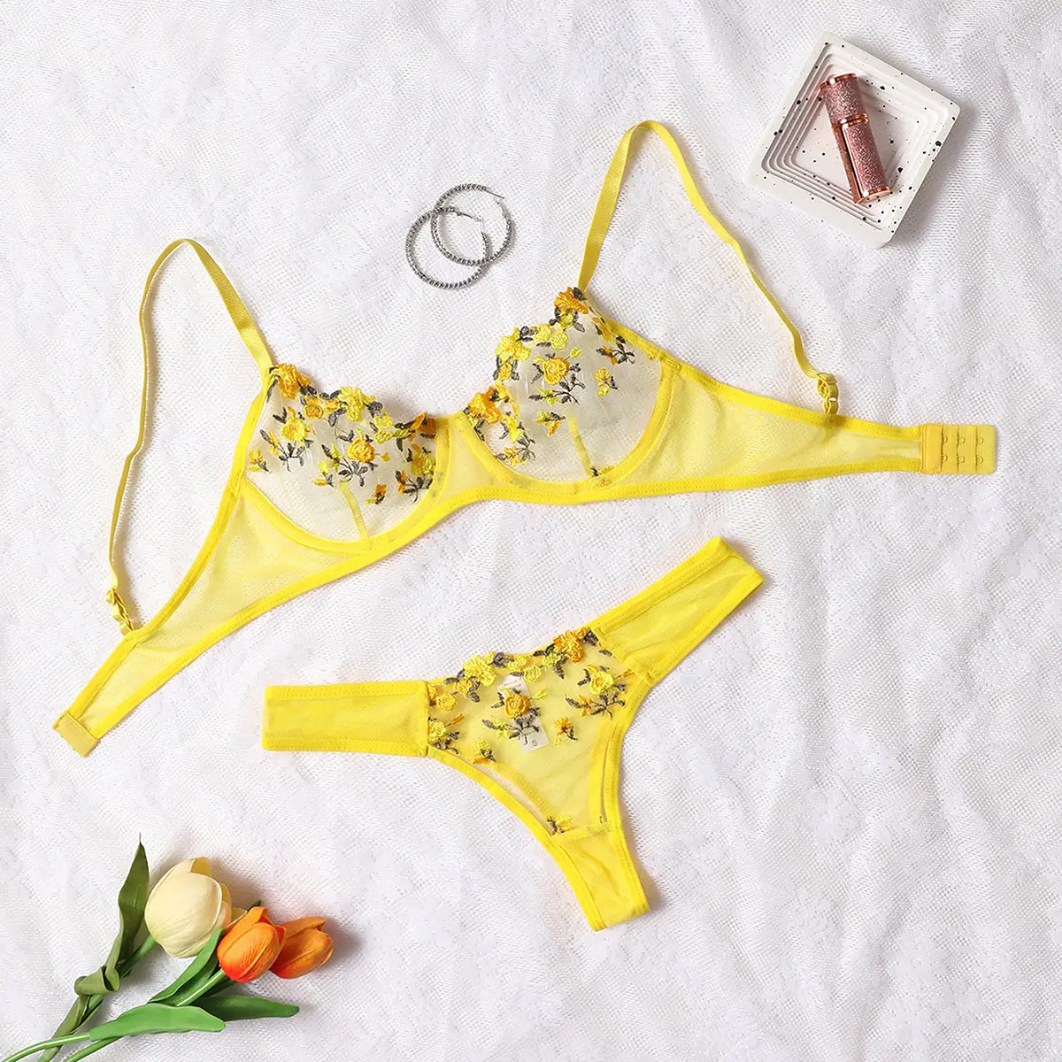 AESKEIA Women's Sexy Lace Lingerie Set, Floral Mesh Bra and High Waist Panty Two Piece Set
