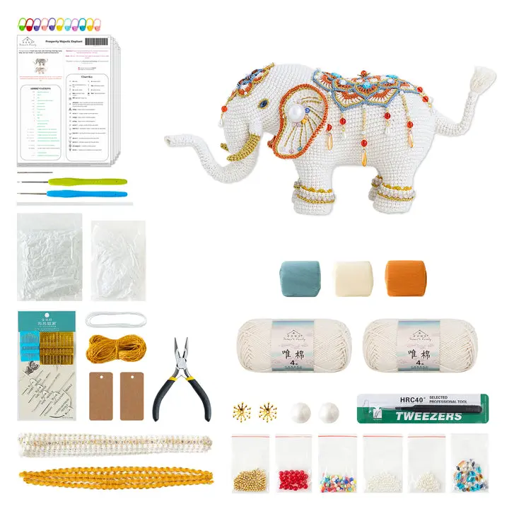 Prosperity Majestic Elephant Crochet Yarn Kit - Animal-Themed Cotton Yarn DIY Set, 20 cm × 12 cm Gentle Elegance Craft Supplies with Stuffing, Bringers of Peace and Good Fortune Gift for Knitting Projects, Handmade Craft