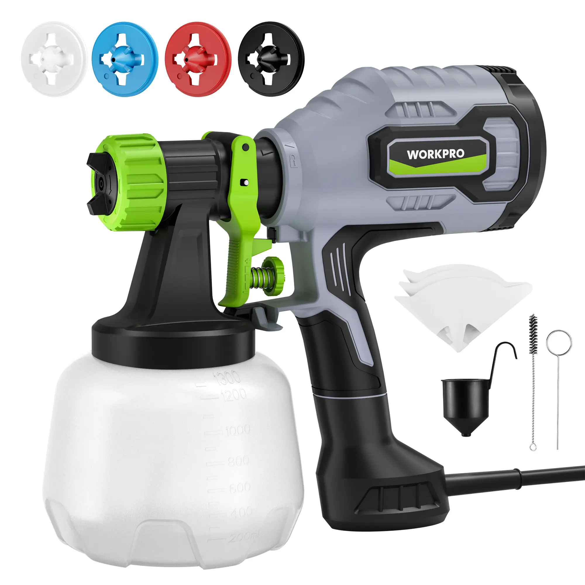 #backtoschool WORKPRO Paint Sprayer, 600W HVLP Spray Paint Gun with 4 Nozzles, 3 Spray Patterns & Adjustable Flow, 44 fl.oz (1300ml) Container, Paint Gun for Furniture, Cabinets, Fence, Walls, Doors, DIY Projects