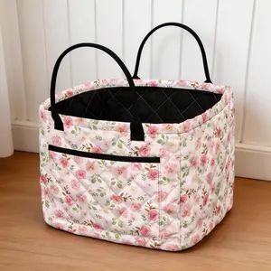 Room Organization Product, Pink Flower Home Storage Basket with Handle Front Pocket, Durable Large Quilted Car Interior Baskets