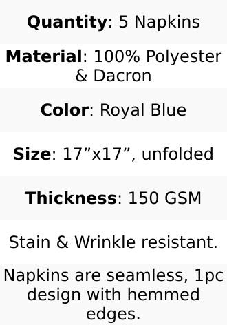 5 Pack Polyester 17"x17" Napkins Royal Blue - Durable & Wrinkle Resistant Dinner Napkins