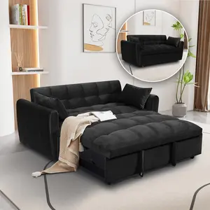 65" Velvet Convertible Sofa Bed, 3-in-1 Sleeper Loveseat with Adjustable Backrest & Soft Armerest, Modern Futon for Small Spaces, Apartment, Living Room, Office (Black)