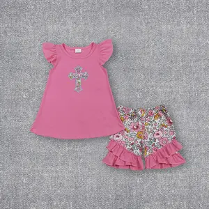 Cross Embroidery Flowers Pink Girls Easter Shorts Outfits Sisters Matching Wear Clothes