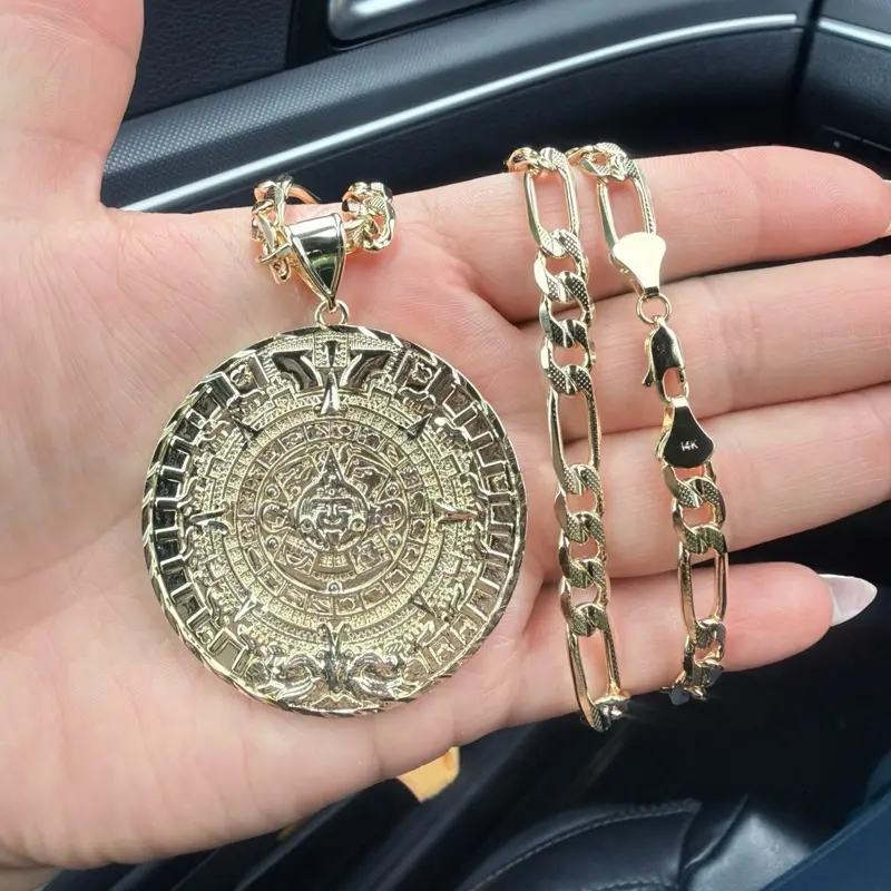 14k Gold Plated Aztec Calendar Big Pendant, Jewelry Accessory for Gold Necklaces