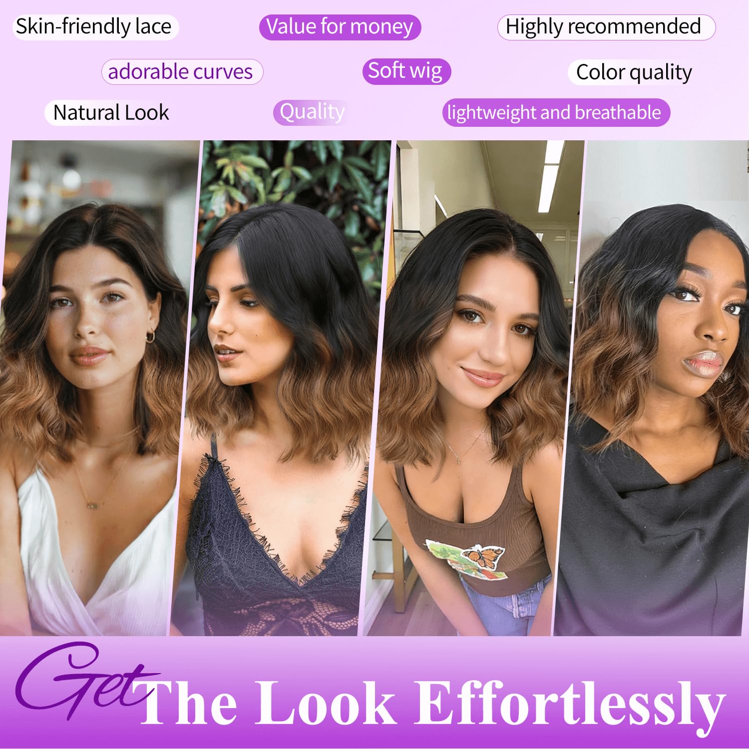 [AISI HAIR]Short Wavy Wig for Women Ombre Brown Lace Hairline Wig Bob Style Synthetic Heat Resistant - Natural Appearance for Everyday Hairstyle 14 Inch