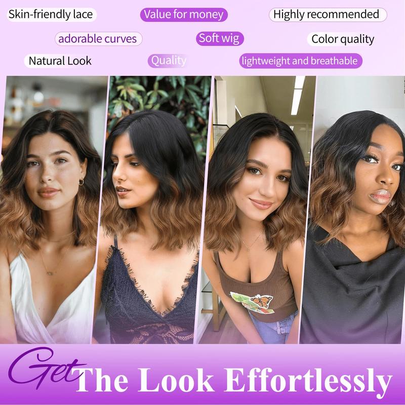 [AISI HAIR]Short Wavy Wig for Women Ombre Brown Lace Hairline Wig Bob Style Synthetic Heat Resistant - Natural Appearance for Everyday Hairstyle 14 Inch