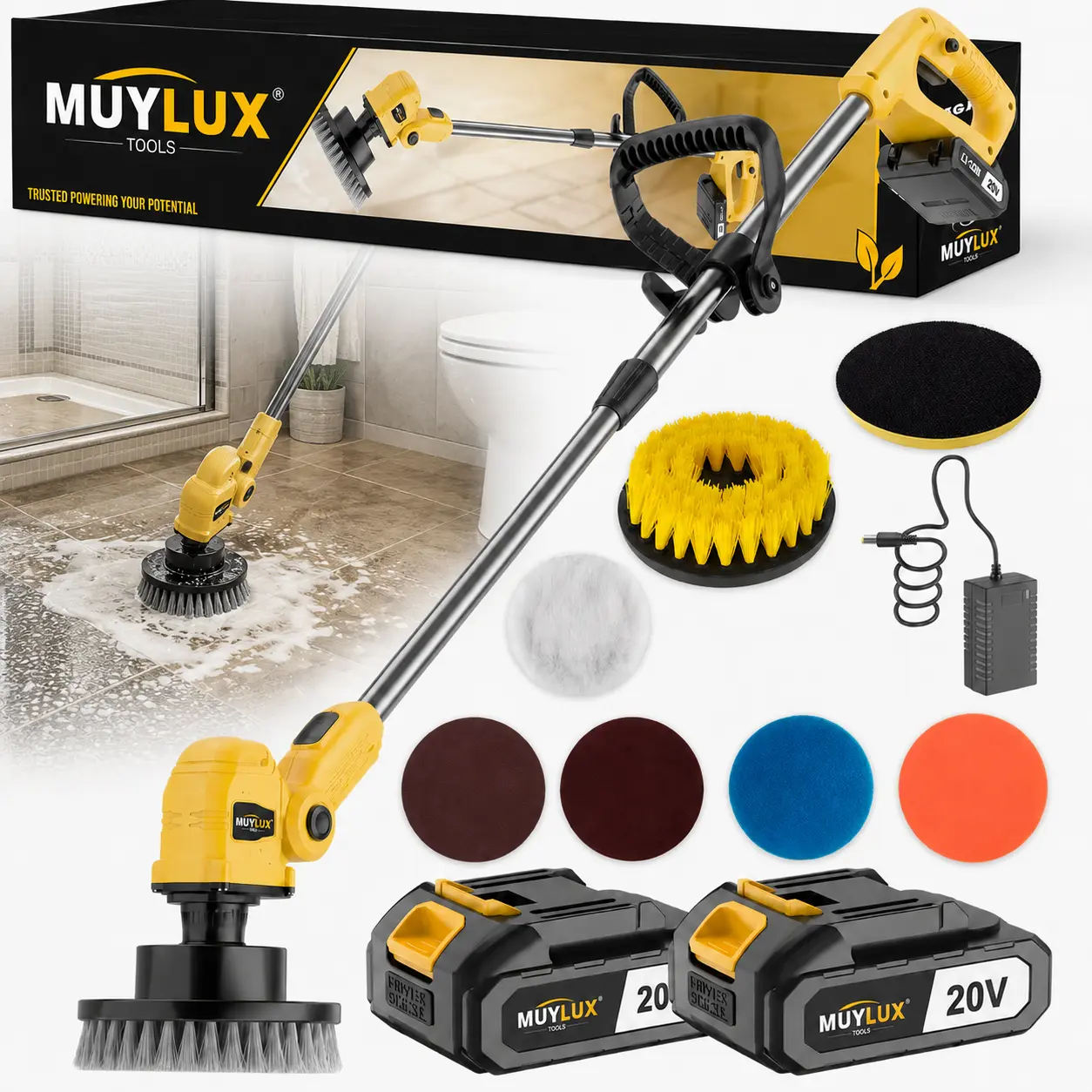 Floor Buffer Scrubber and Polisher Cleaning Machine - All floor surfaces,20V Multifunctional Cordless Electric Rotating Cleaning Brush, Comes with 2 Brush Heads And 4 Mop Pads, Making It An Ideal Electric Cleaning Tool for The Kitchen, Bathroom, Balcony